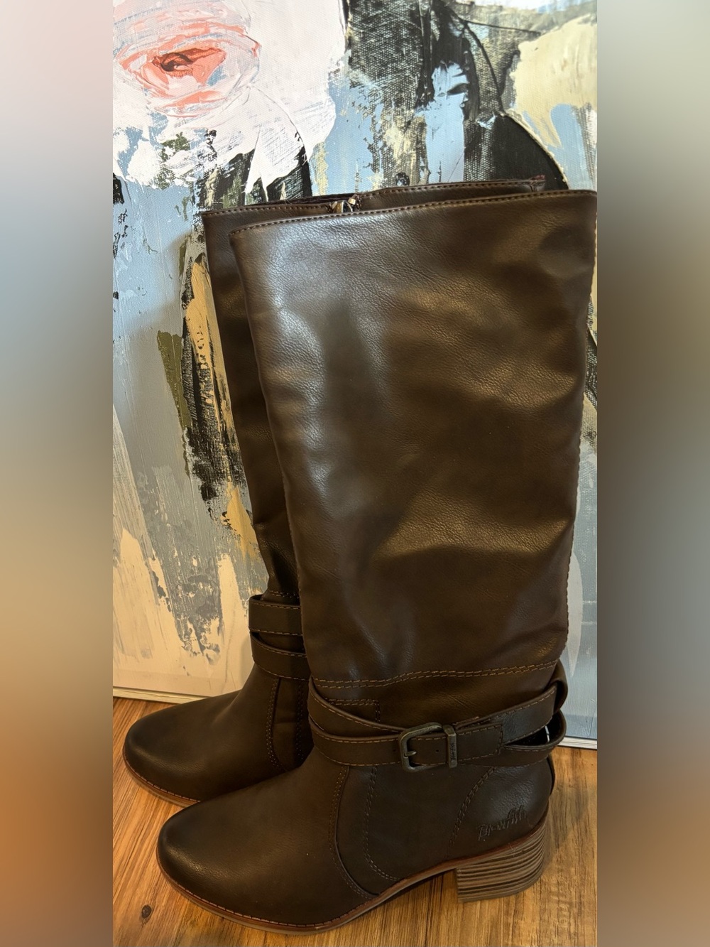 Women's Brown Mid-Calf Heeled Boots with Buckle Strap
